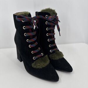 Anthropologie Suede Lace-Up Boots Black &‎ Green Victorian Style Stacked Heel